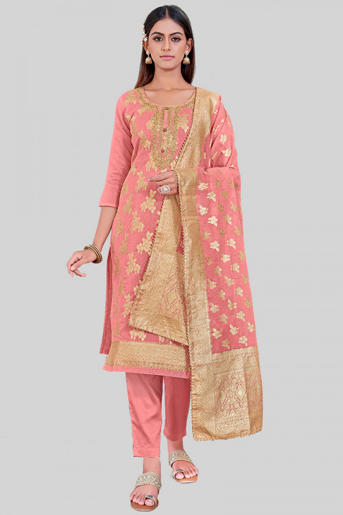 Woven Zari Chanderi Silk Salmon Pink Straight Cut Trouser Suit 