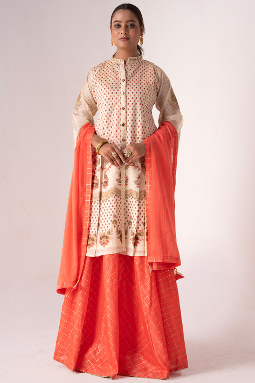Woven Zari Coral Peach Cotton A Line Lehenga