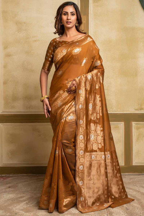 Woven Zari Cotton Brown Festive Wear Saree