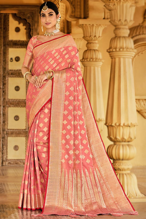 Woven Zari Cotton Coral Pink Saree