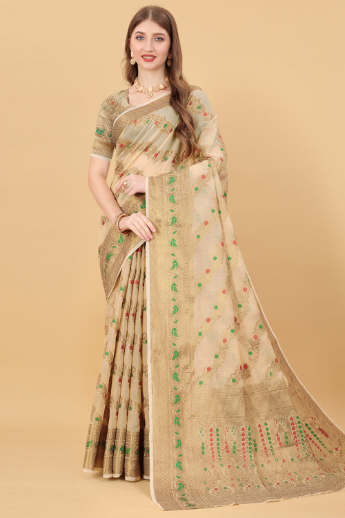 Woven Zari Cotton Silk Dark Beige Saree