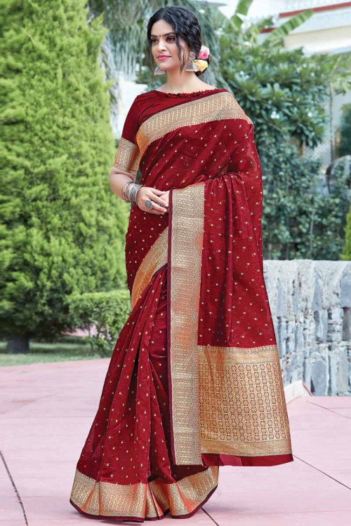 Woven Zari Cotton Silk Deep Red Indian Saree