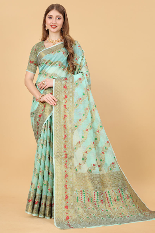 Zari Work Party Wear Saree in Mint Blue Cotton Silk