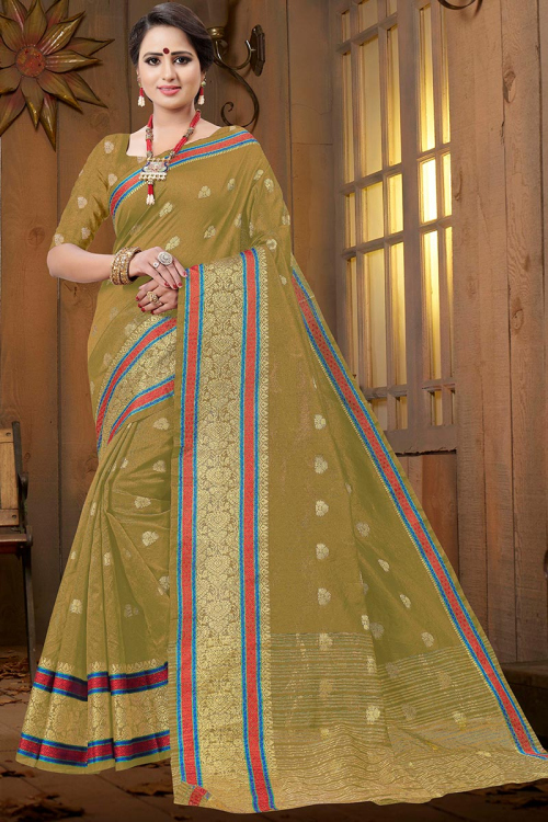 Woven Zari Cotton Silk Olive Yellow Saree