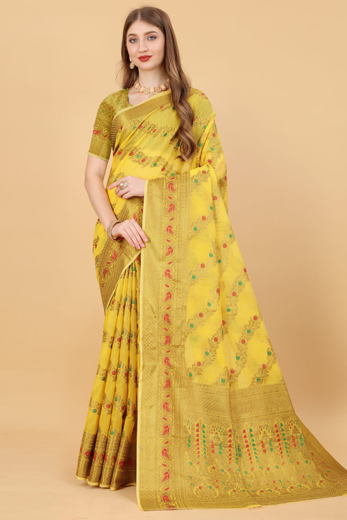 Yellow Party Wear Zari Embroidered Saree in Cotton Silk