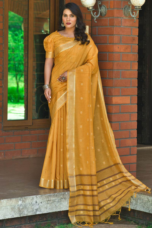 Woven Zari Cotton Yellow Indian Saree