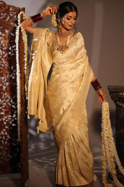 Woven Zari Cream Beige Kanchipuram Style Silk Saree
