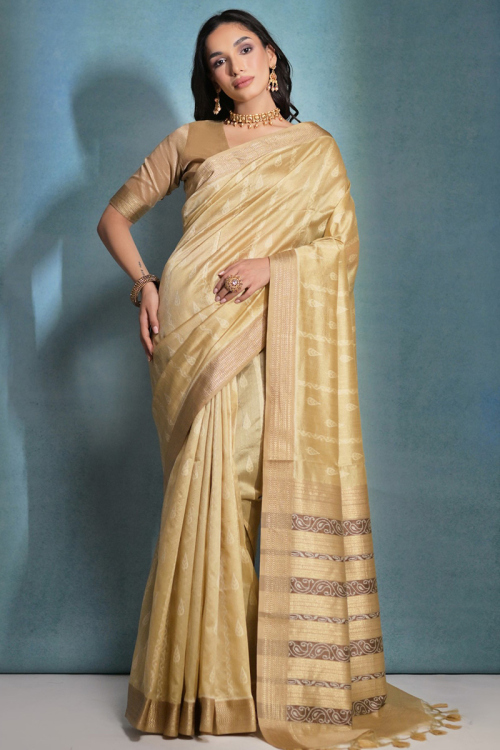 Woven Zari Dark Beige Raw Silk Broad Border Saree