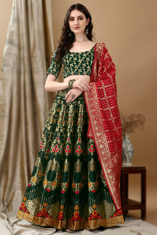 Woven Zari Dark Green Art Silk Panelled Style Lehenga