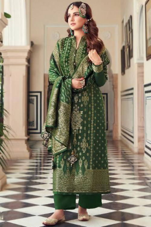 Woven Zari Dark Green Jacquard Trouser Suit For Eid