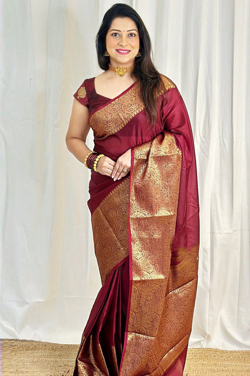 Woven Zari Dark Maroon Silk Festival Wear Saree