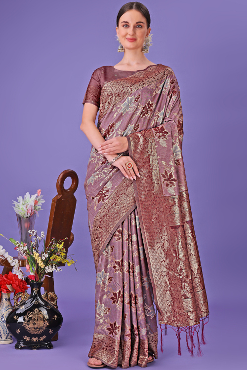 Woven Zari Dark Mauve Cotton Silk Festival Wear Saree 