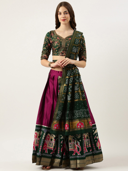 Woven Zari Dark Pink Silk Pleated Lehenga