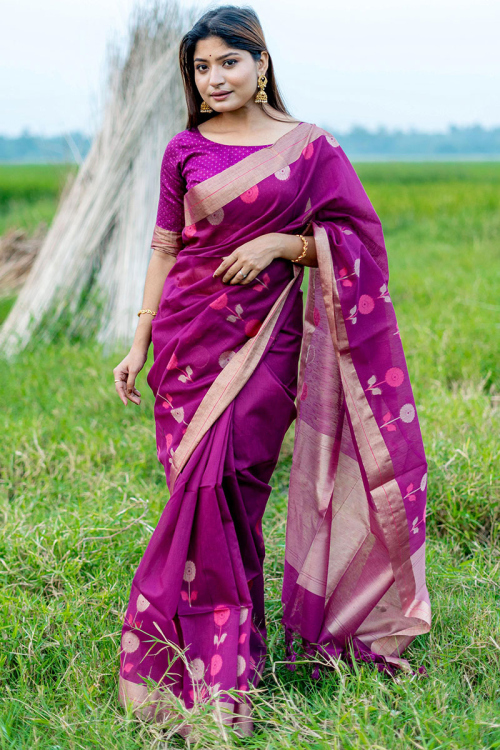 Woven Zari Deep Magenta Pink Linen Light Weight Saree