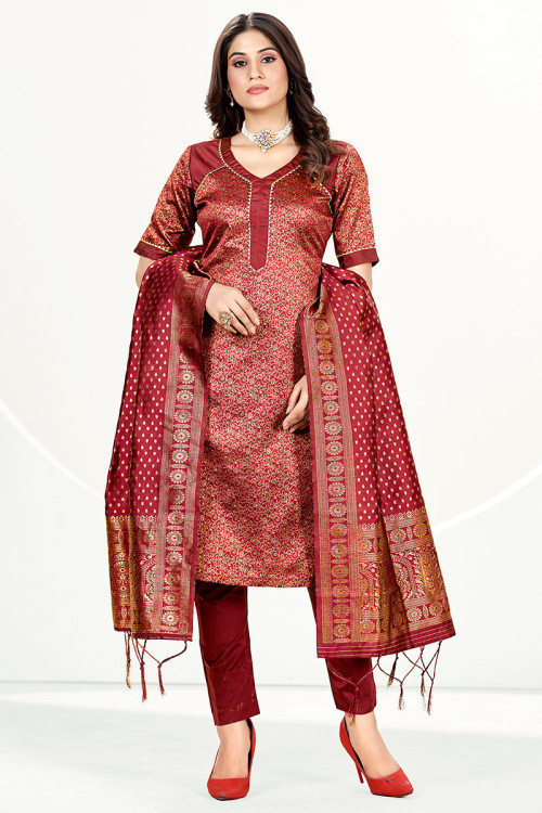 Woven Zari Deep Red Side Slit Trouser Suit With Side Slit 