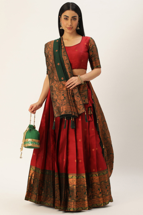 Woven Zari Deep Red Silk Pleated Lehenga
