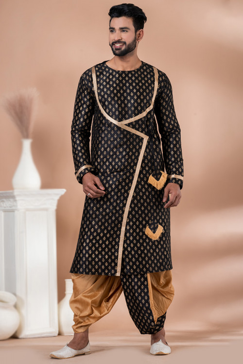 Woven Zari Dupion Silk Black Angrakha Style Men's Dhoti Kurta