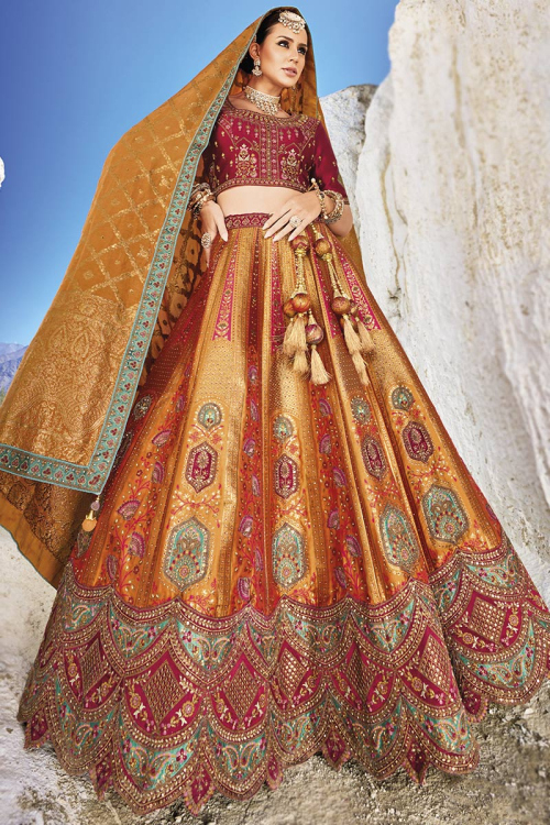 Woven Zari Dusty Orange Bridal Wear Silk Lehenga 