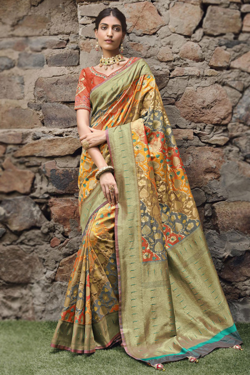 Buy Wedding Wear Multi Color Weaving Kachhi Silk Saree Online From Surat  Wholesale Shop.