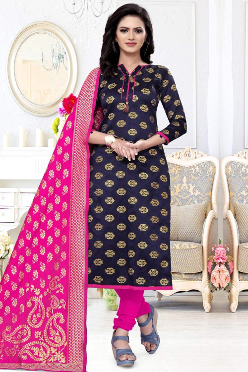 Woven Zari Embroidered Chanderi Silk Purple Churidar Suit