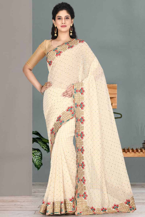 ORGANZA CHIFFON SAREE WITH WHITE THREAD -trendy white thread work – Akruti  Sarees