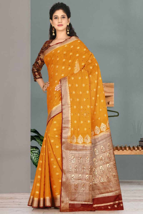 Trombone Yellow Chiffon Handloom Saree with Zari Work