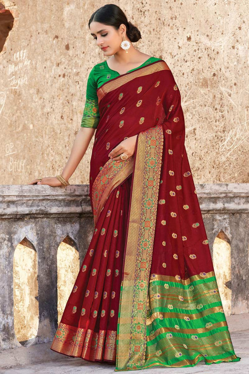 Yellow Green Kanjeevaram Saree with Green Border With Stitched Blouse –  rooprekha