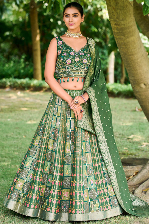 Woven Zari Fern Green Silk Traditional Lehenga 
