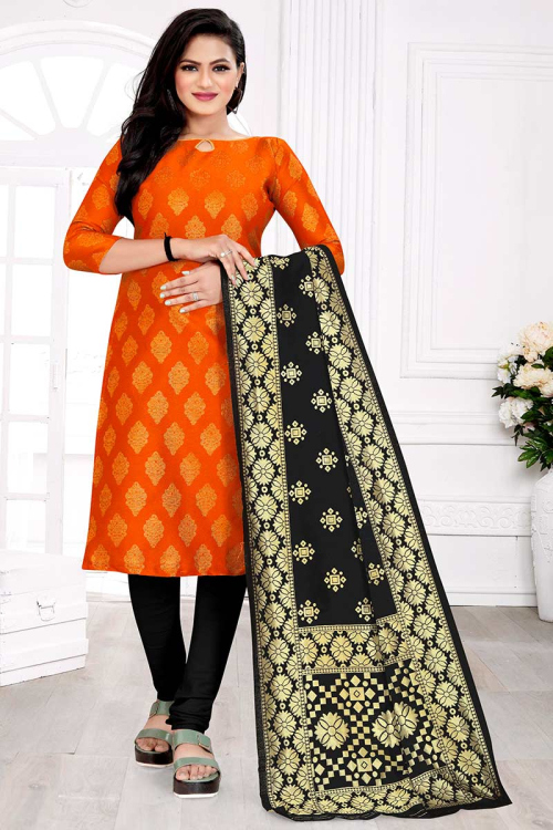 Jacquard Churidar Suit in Carrot Orange colour for Party 