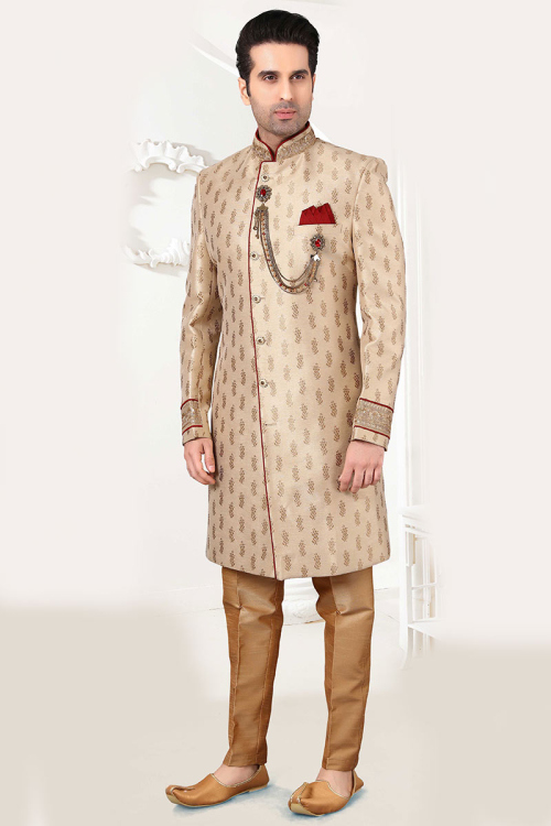 Cream Beige Achkan Jacquard Men Sherwani for Party 