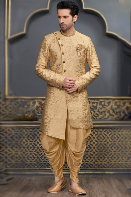 Woven Zari Jacquard Dark Beige Asymmetric Men's Sherwani
