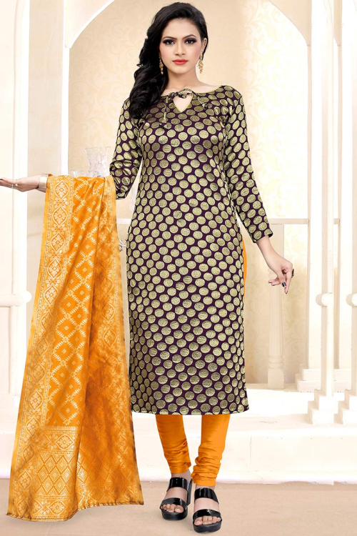 Woven Zari Jacquard Dark Purple Churidar Suit
