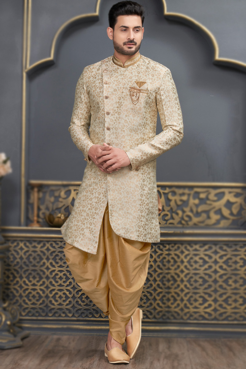 Woven Zari Jacquard Light Beige Asymmetric Men's Sherwani