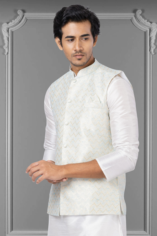 Woven Zari Jacquard Light Blue Men's Waist Coat