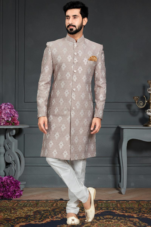 Light Grey Traditional Jacquard Men Sherwani for Party 