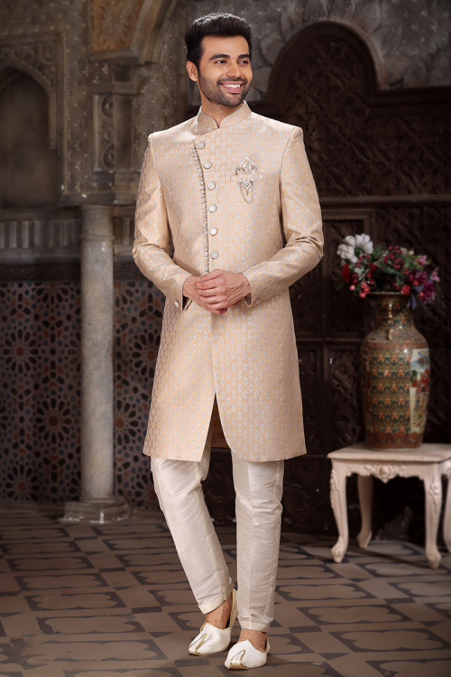 Woven Zari Jacquard Light Peach Indo-Western Men's Sherwani