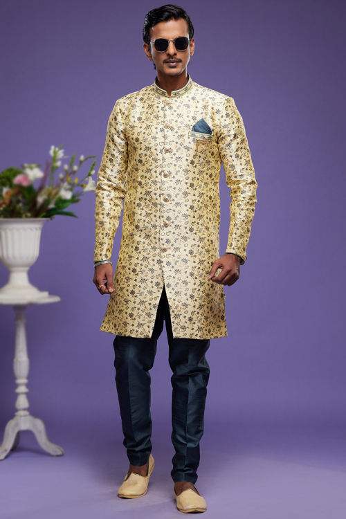 Woven Zari Jacquard Light Yellow Front Slit Men's Sherwani 