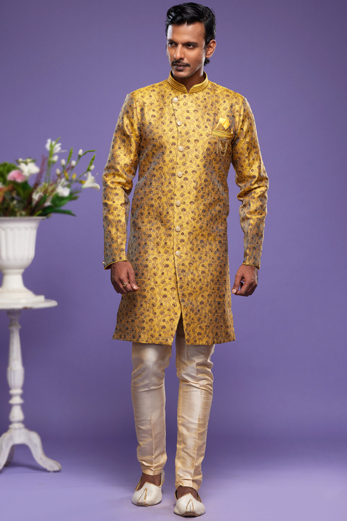 Woven Zari Jacquard Mustard Yellow Front Slit Men's Sherwani 