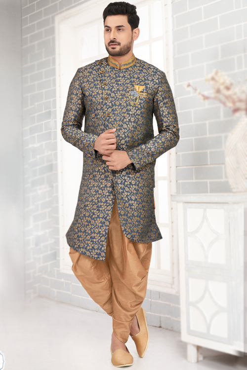 Woven Zari Jacquard Navy Blue Asymmetric Men's Sherwani