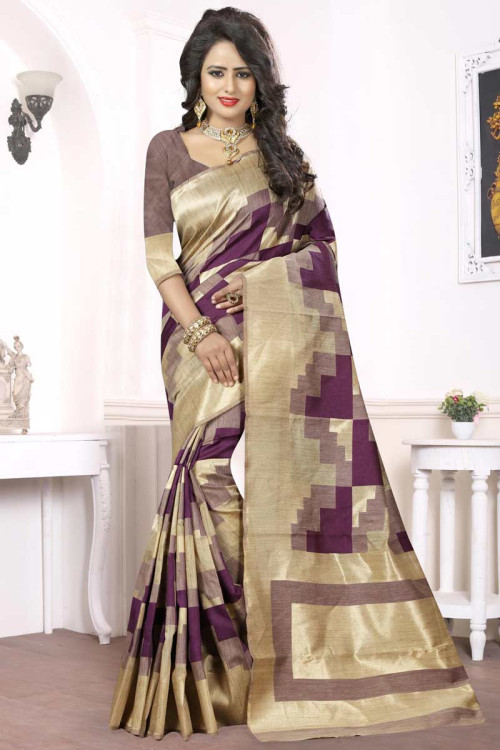 Woven Zari Jacquard Purple Indian Wear Saree