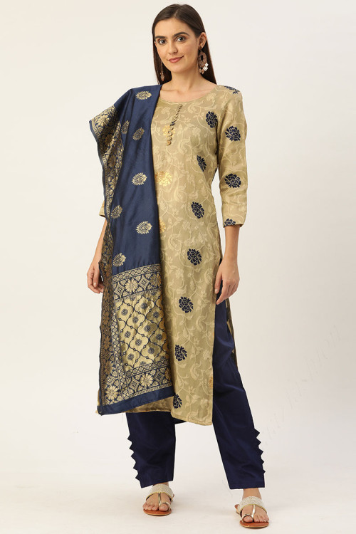 Party Wear Zari Embroidered Trouser Suit in Jacquard Sage Green