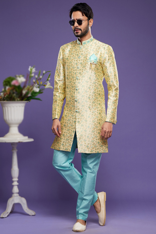 Woven Zari Jacquard Straight Cut Men's Sherwani In Light Yellow