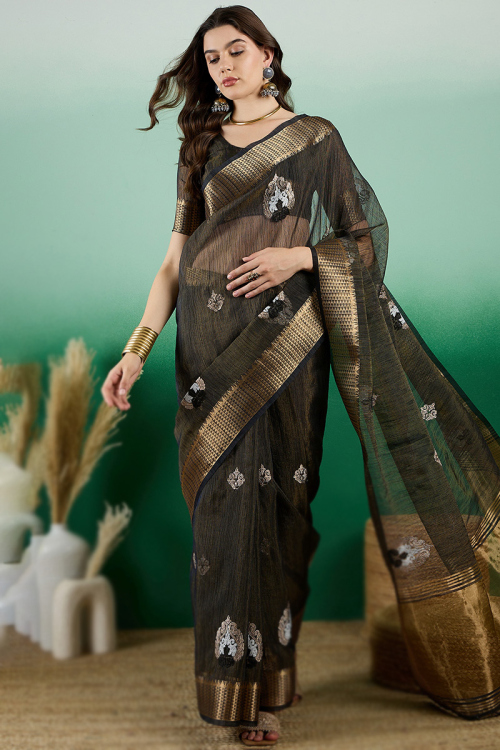 Woven Zari Khadi Cotton Dusty Black Saree For Sangeet