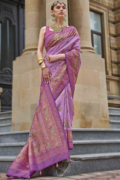 Woven Zari Light Mauve Silk Sangeet Saree