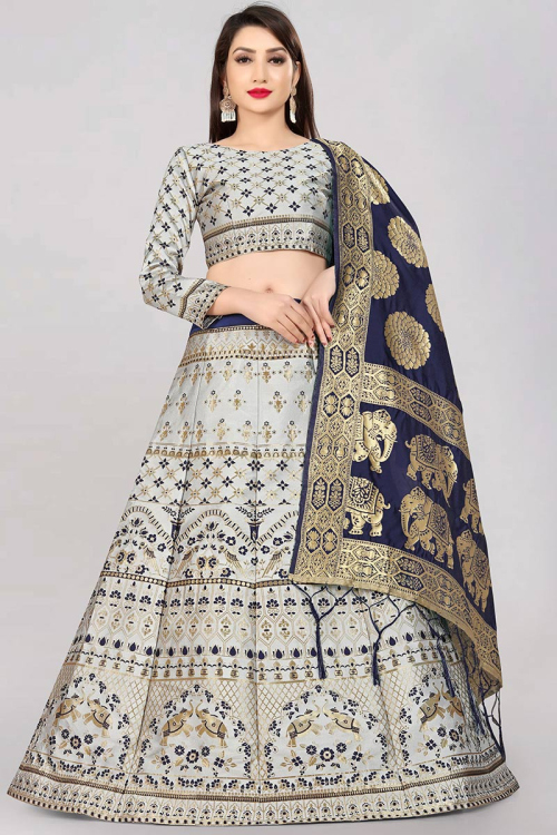 Woven Zari Lehenga Choli in Light Grey Color 