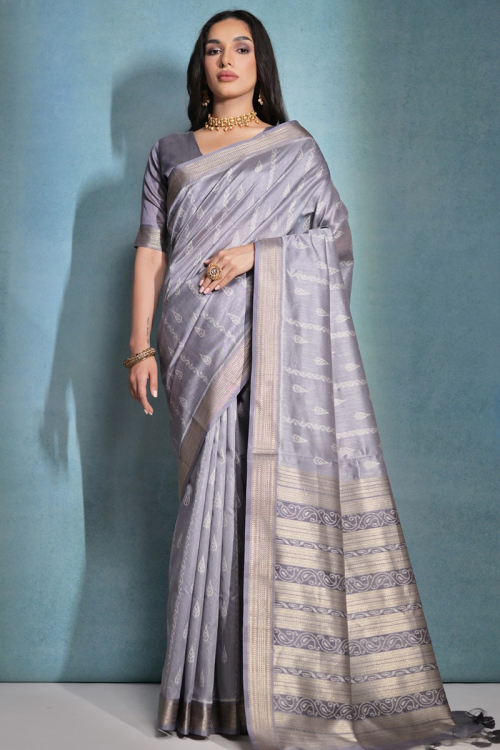 Woven Zari Light Grey Raw Silk Broad Border Saree