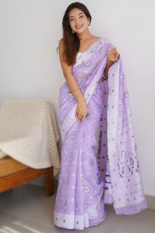 Woven Zari Light Purple Kora Silk Light Weight Saree 