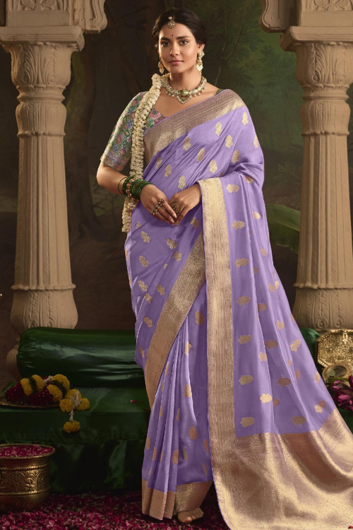 Woven Zari Light Purple Silk Saree With Multi Color Blouse