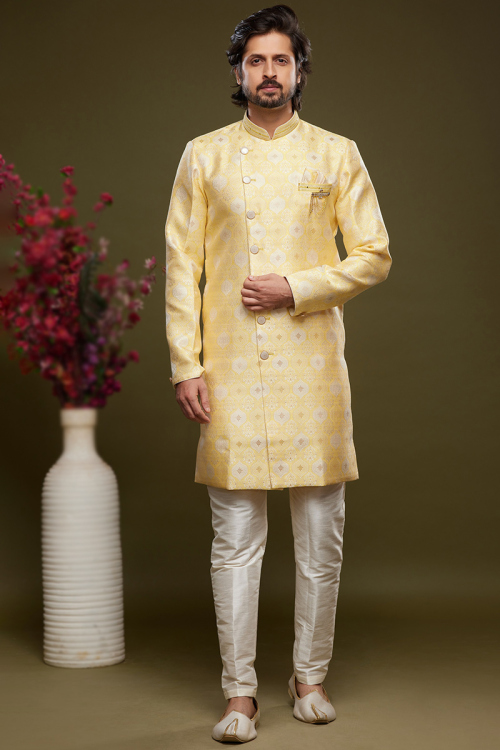 Woven Zari Light Yellow Jacquard Front Slit Men's Sherwani