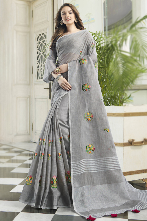 Woven Zari Linen Cotton Light Grey Saree